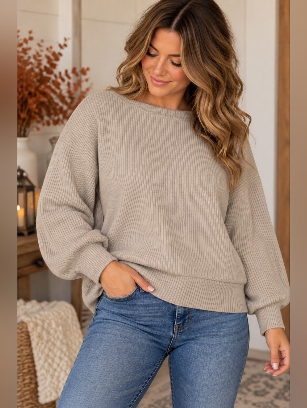 Wishlist Ribbed Knit Cozy Pullover Sweater Taupe M/L
